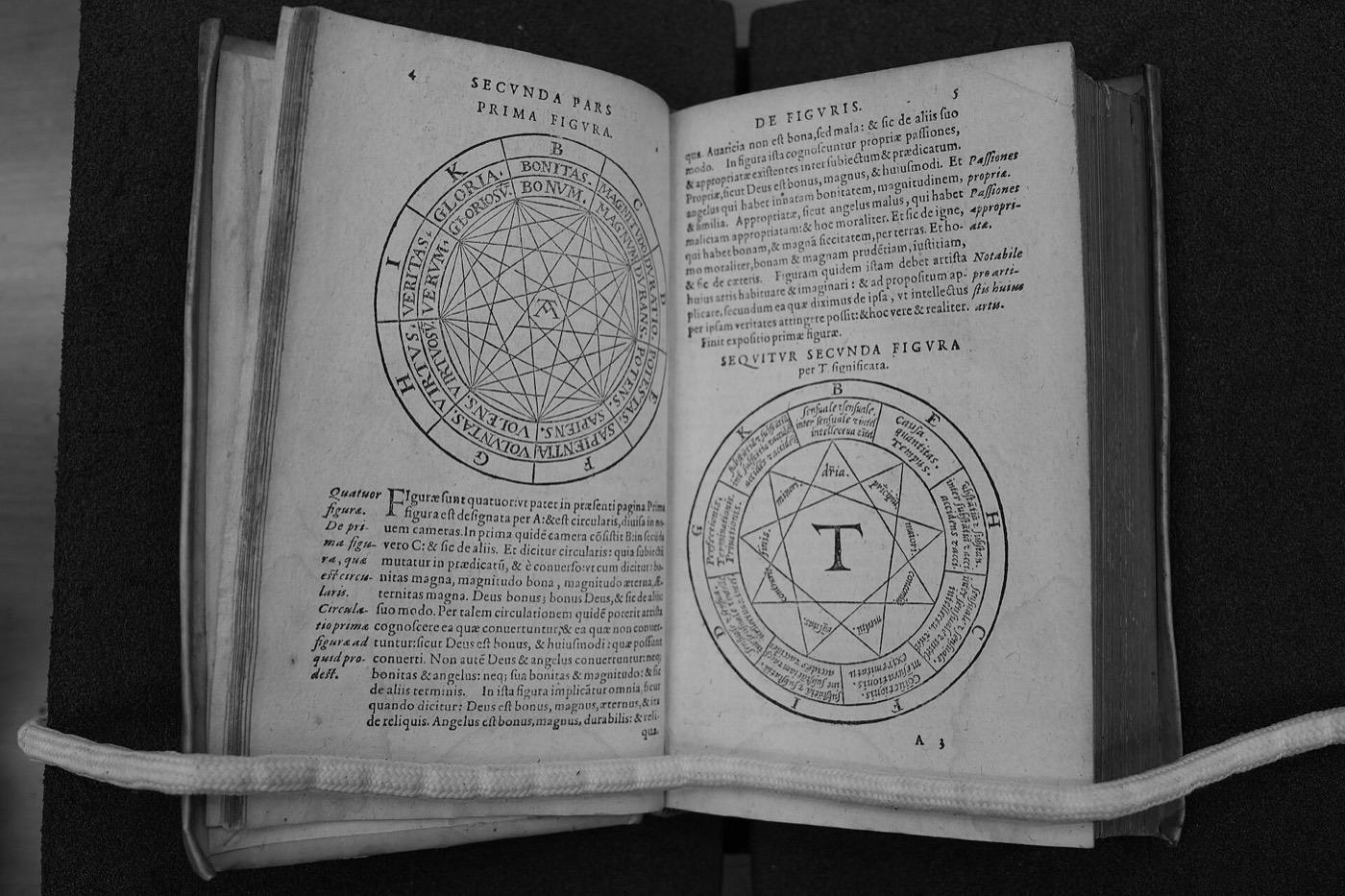 Pages of Ramon Llull’s Ars Magna, the thirteenth-century art of combining concepts by rotating wheels